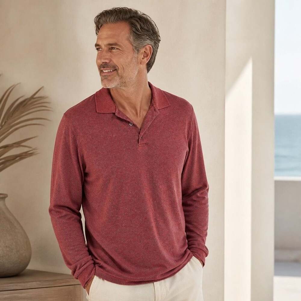 Alan Flusser Mens Red Textured Long Sleeve Polo Shirt XL